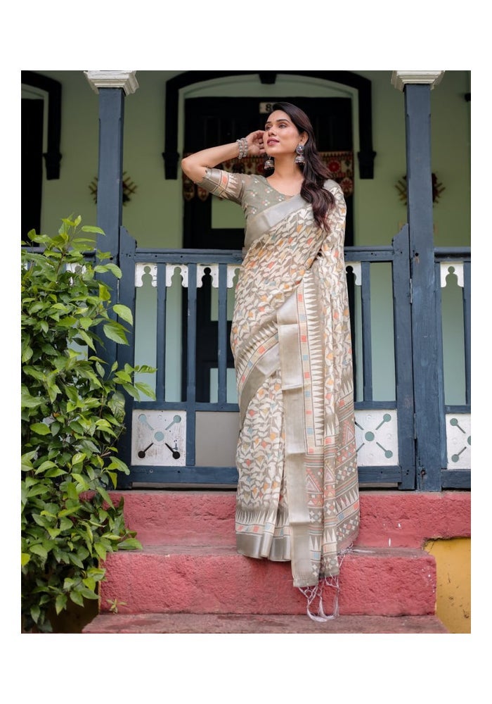 Malishka Export Grey Linen Cotton Digital Print Saree for Women - Image 3